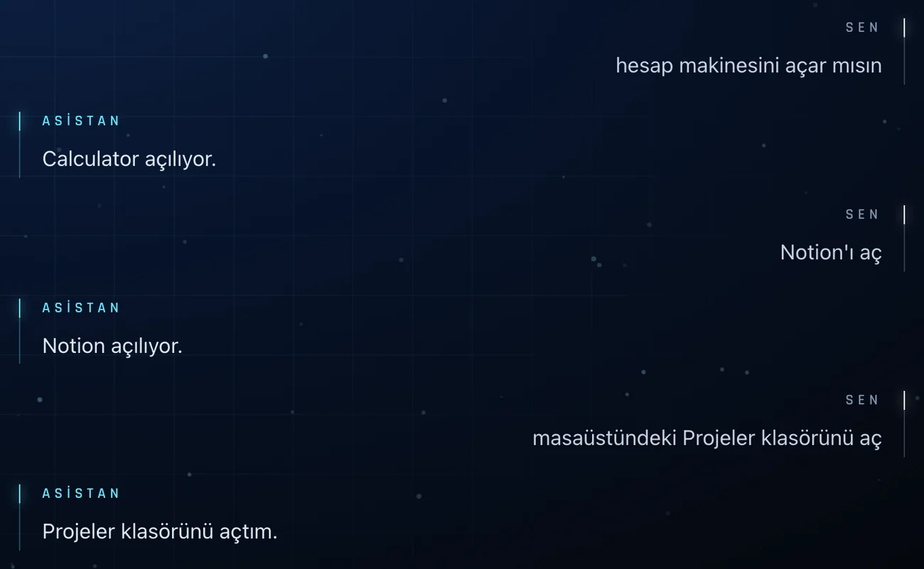 Asistan’a yazılan komutlar ve yanıtları: hesap makinesi, Notion ve Projeler klasörü açılıyor.