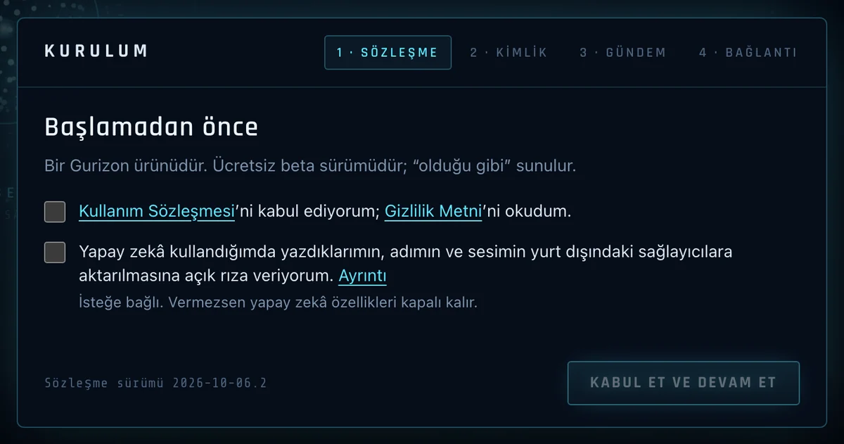 Kurulumun birinci adımı: sözleşme onay kutuları.