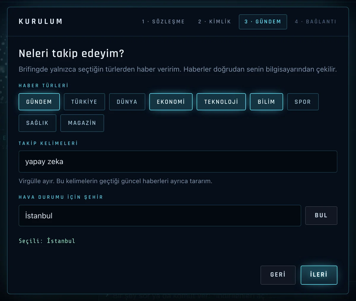 Kurulumun üçüncü adımı: haber türleri ve hava durumu için şehir.
