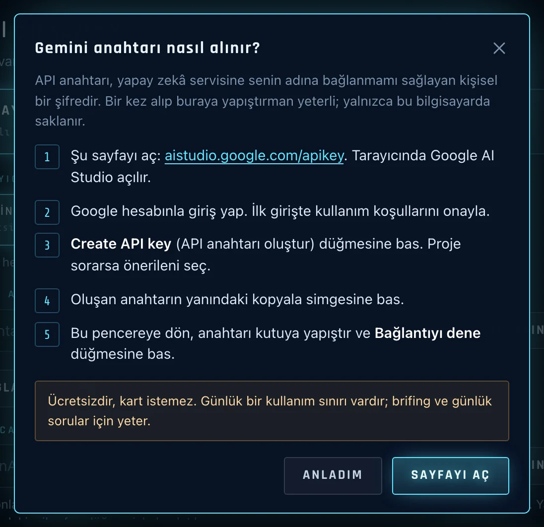 Asistan’ın içindeki Gemini anahtarı nasıl alınır rehber penceresi.