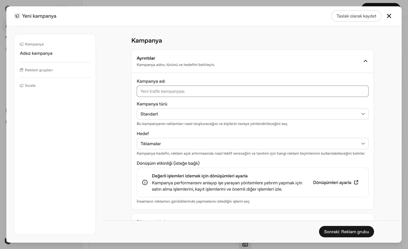 Create the campaign: name, type, objective